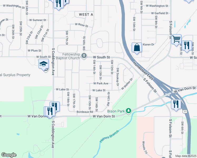 map of restaurants, bars, coffee shops, grocery stores, and more near 2340 Southwest 14th Street in Lincoln