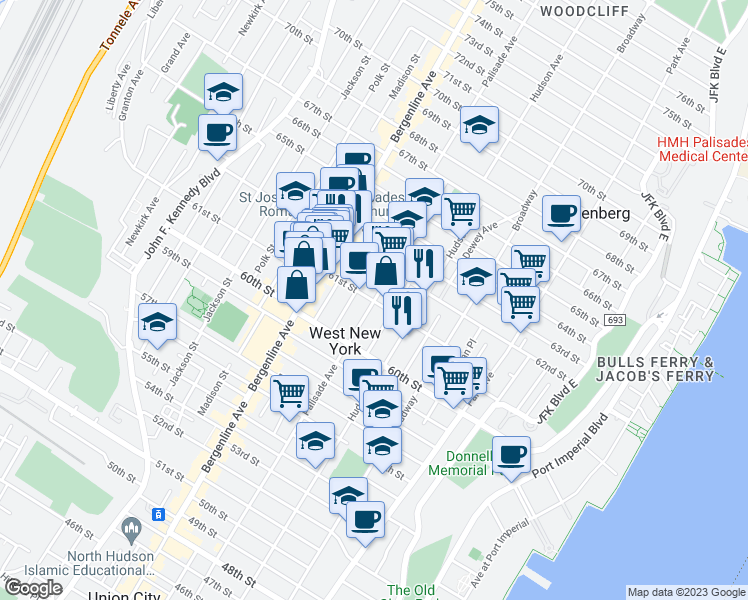 map of restaurants, bars, coffee shops, grocery stores, and more near Palisade Avenue & 61st Street in West New York