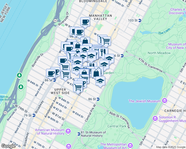 map of restaurants, bars, coffee shops, grocery stores, and more near 61 West 91st Street in New York