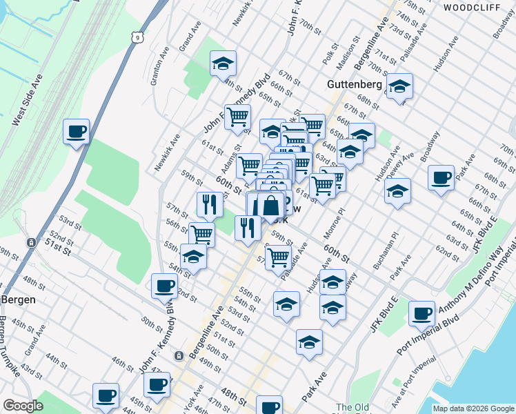 map of restaurants, bars, coffee shops, grocery stores, and more near 6000 Madison Street in West New York