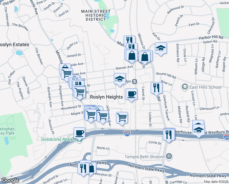 map of restaurants, bars, coffee shops, grocery stores, and more near 240 Willow Street in Roslyn Heights