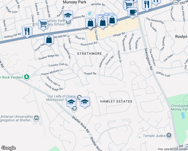 map of restaurants, bars, coffee shops, grocery stores, and more near 149 Chapel Road in Manhasset