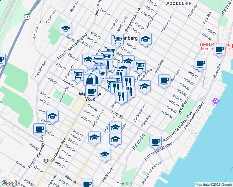 map of restaurants, bars, coffee shops, grocery stores, and more near 6107A Palisade Avenue in West New York