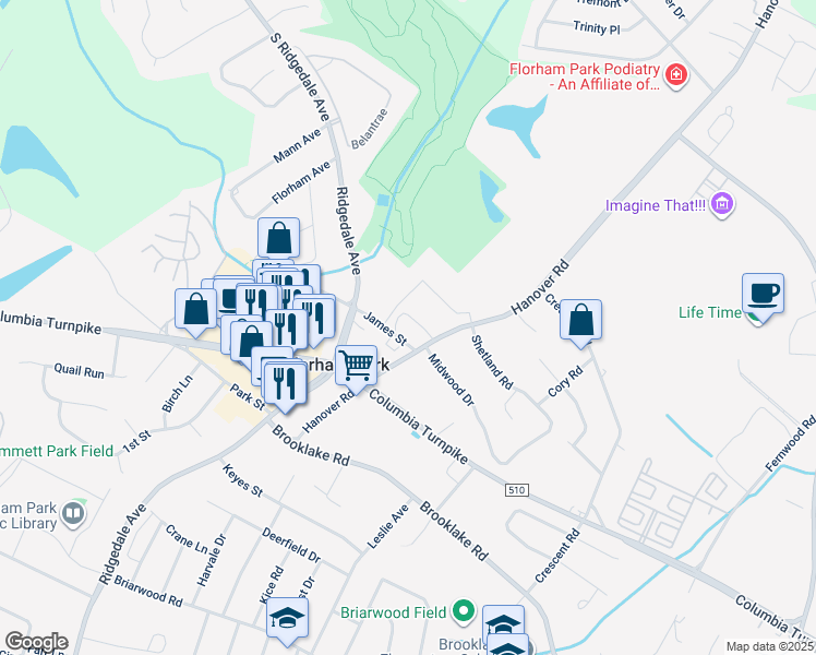 map of restaurants, bars, coffee shops, grocery stores, and more near 8 James Street in Florham Park