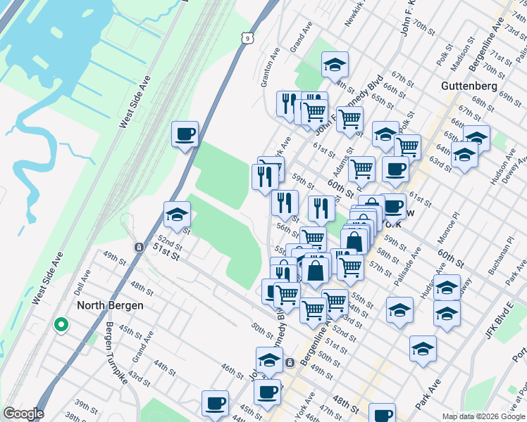 map of restaurants, bars, coffee shops, grocery stores, and more near 5665 John F. Kennedy Boulevard in North Bergen