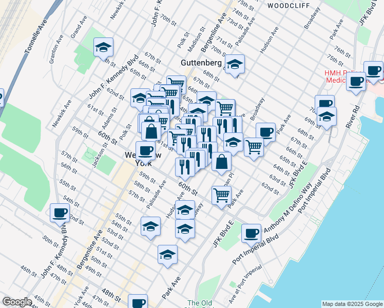 map of restaurants, bars, coffee shops, grocery stores, and more near 311 62nd Street in West New York