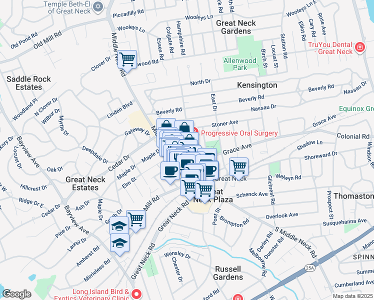 map of restaurants, bars, coffee shops, grocery stores, and more near 4 Maple Drive in Great Neck