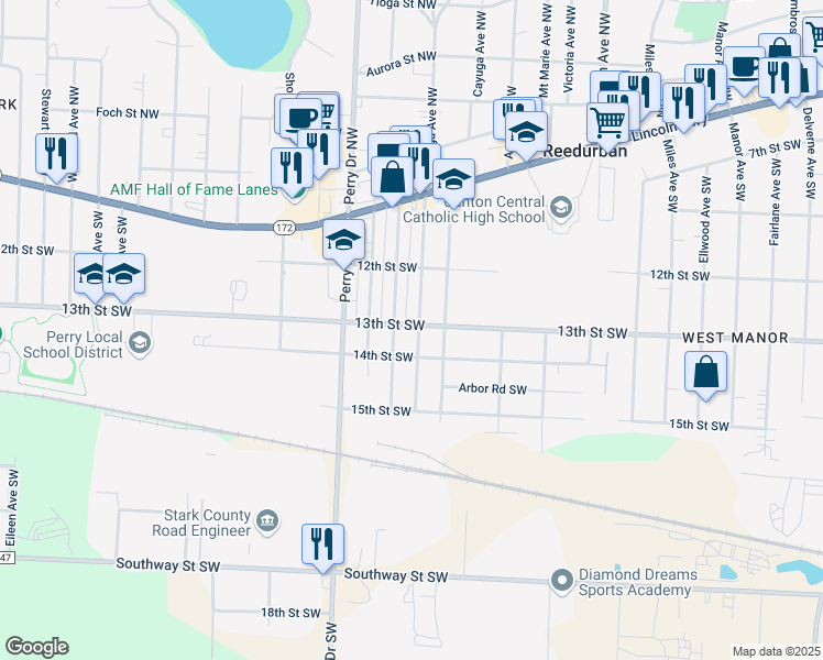 map of restaurants, bars, coffee shops, grocery stores, and more near 1248 Brooklyn Avenue Southwest in Canton