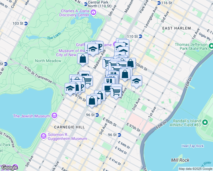 map of restaurants, bars, coffee shops, grocery stores, and more near 124 East 101st Street in New York