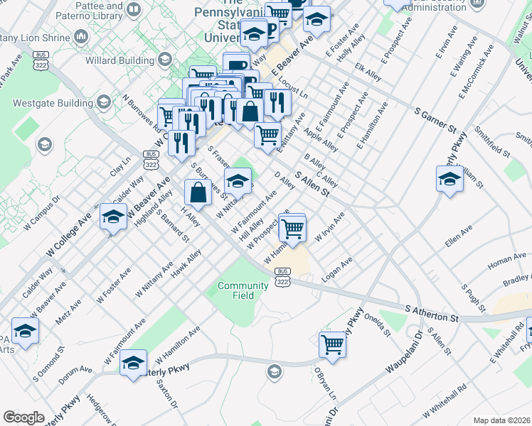 map of restaurants, bars, coffee shops, grocery stores, and more near 517 South Fraser Street in State College