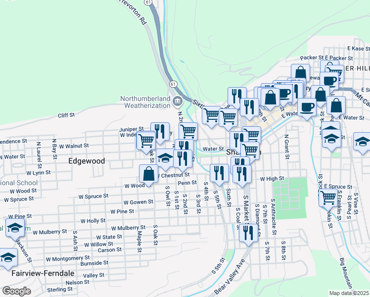 map of restaurants, bars, coffee shops, grocery stores, and more near 501 North 2nd Street in Shamokin