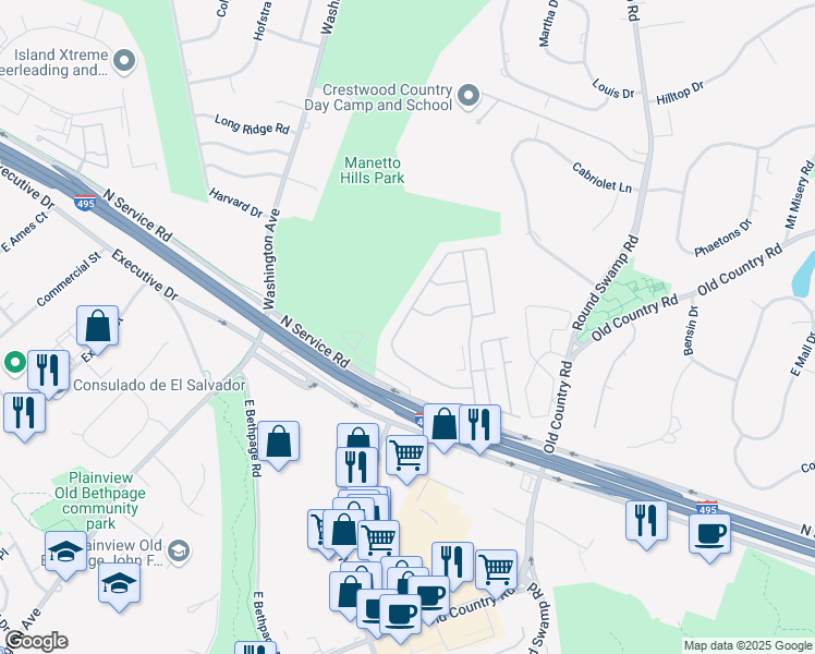 map of restaurants, bars, coffee shops, grocery stores, and more near 106 Sagamore Drive in Plainview