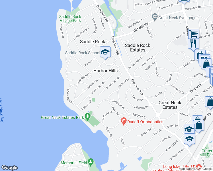 map of restaurants, bars, coffee shops, grocery stores, and more near 18 Pond Park Road in Great Neck