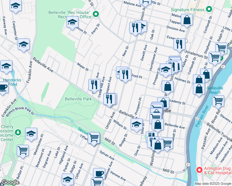map of restaurants, bars, coffee shops, grocery stores, and more near 161 Union Avenue in Belleville