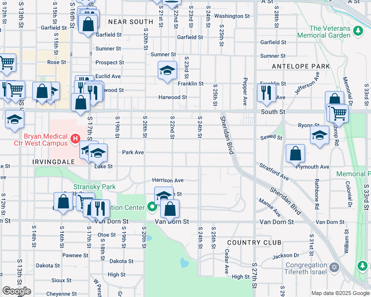 map of restaurants, bars, coffee shops, grocery stores, and more near 2247 Sewell Street in Lincoln