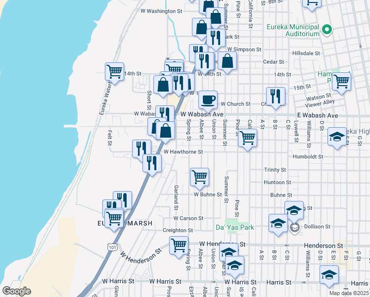map of restaurants, bars, coffee shops, grocery stores, and more near 610 West Hawthorne Street in Eureka
