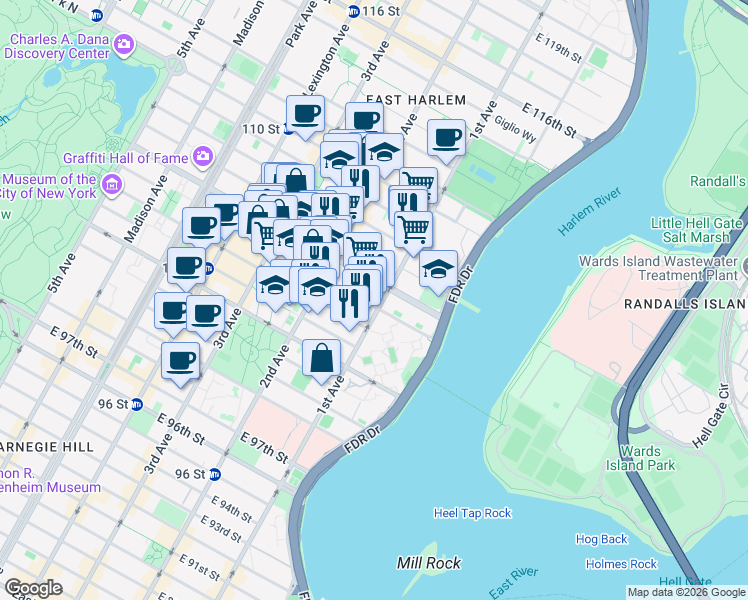map of restaurants, bars, coffee shops, grocery stores, and more near 347 East 105th Street in New York