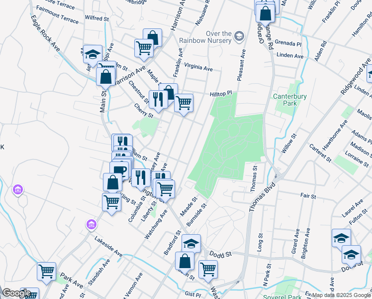 map of restaurants, bars, coffee shops, grocery stores, and more near 92 High Street in West Orange