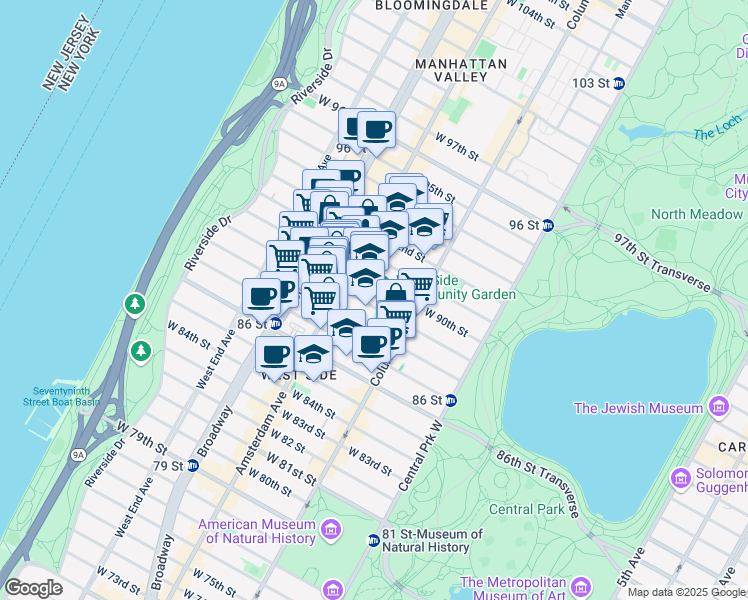 map of restaurants, bars, coffee shops, grocery stores, and more near 137 West 89th Street in New York