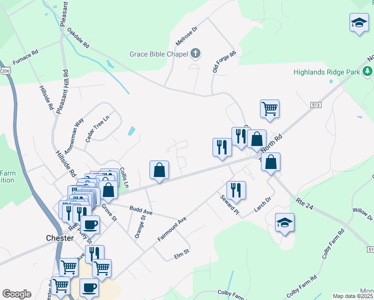 map of restaurants, bars, coffee shops, grocery stores, and more near 7 Barkman Way in Chester