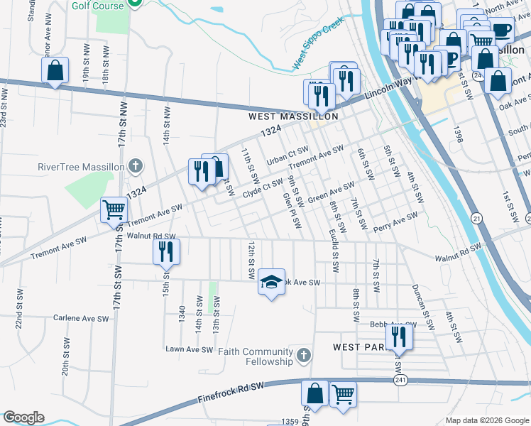 map of restaurants, bars, coffee shops, grocery stores, and more near 336 11th Street Southwest in Massillon