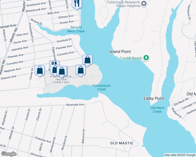 map of restaurants, bars, coffee shops, grocery stores, and more near 25 Abby Lane in Mastic