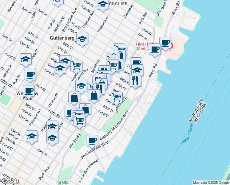 map of restaurants, bars, coffee shops, grocery stores, and more near 6612B Lincoln Place in West New York