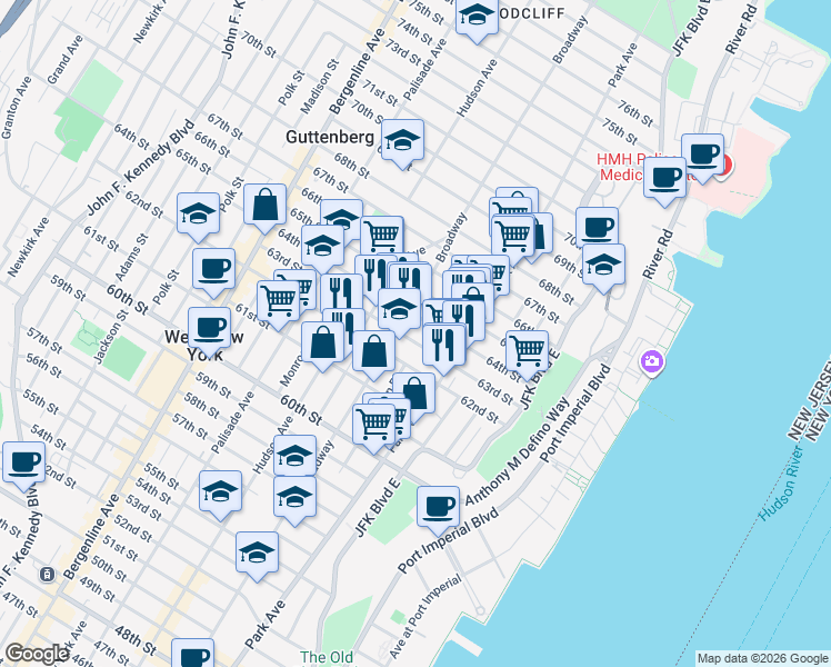 map of restaurants, bars, coffee shops, grocery stores, and more near 6304 Broadway in West New York