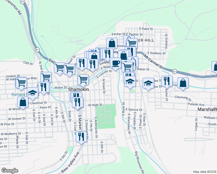 map of restaurants, bars, coffee shops, grocery stores, and more near 126 North Marshall Street in Shamokin