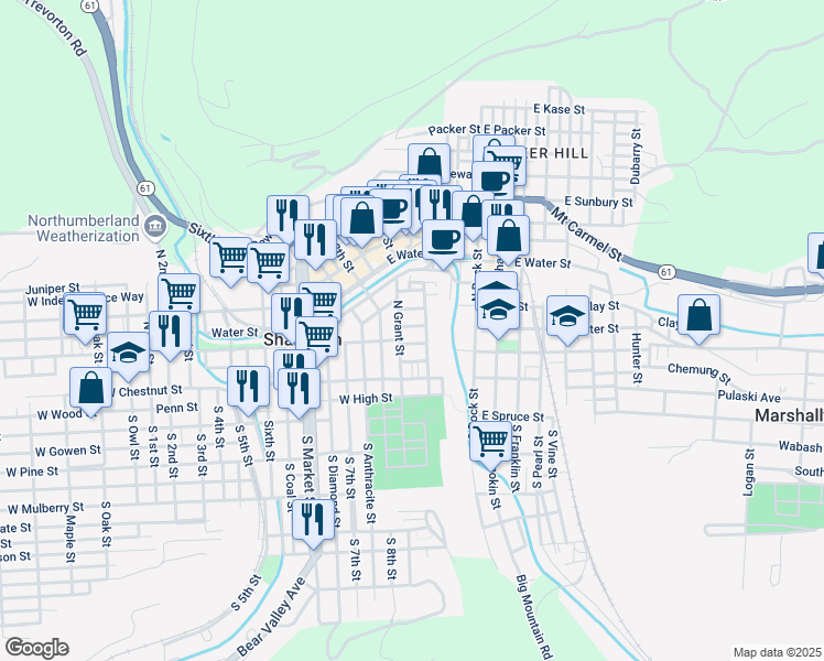map of restaurants, bars, coffee shops, grocery stores, and more near 126 North Marshall Street in Shamokin