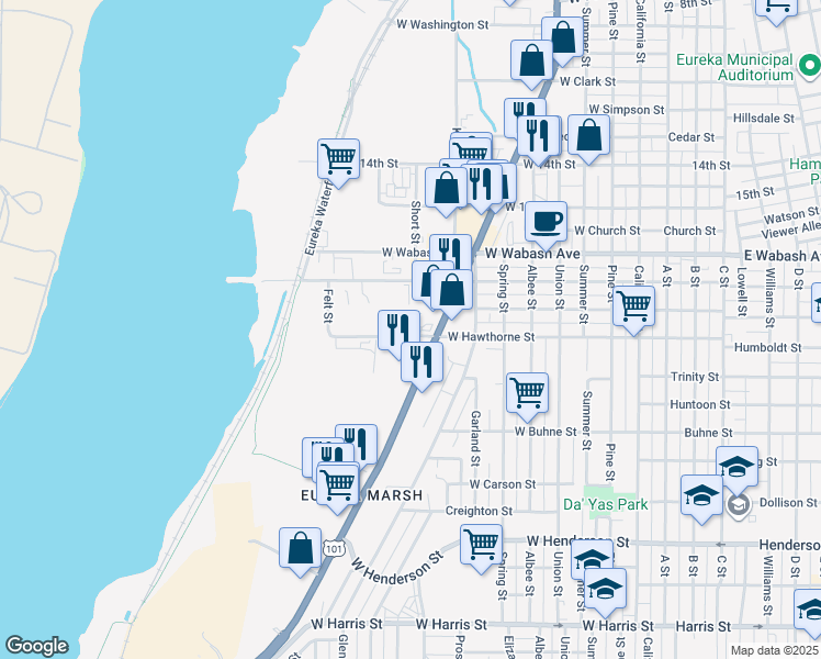 map of restaurants, bars, coffee shops, grocery stores, and more near 936 West Hawthorne Street in Eureka