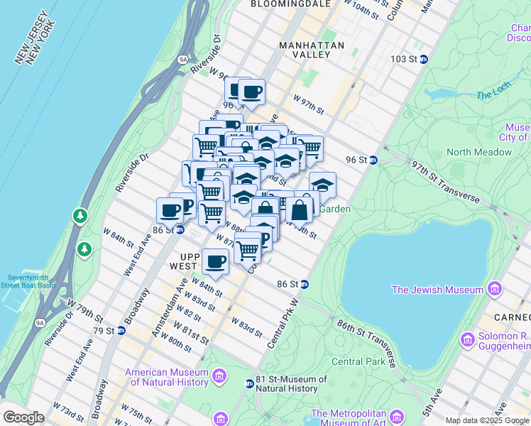 map of restaurants, bars, coffee shops, grocery stores, and more near 110 West 90th Street in New York