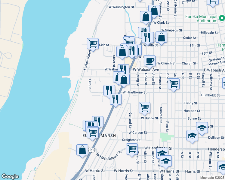 map of restaurants, bars, coffee shops, grocery stores, and more near 936 West Hawthorne Street in Eureka