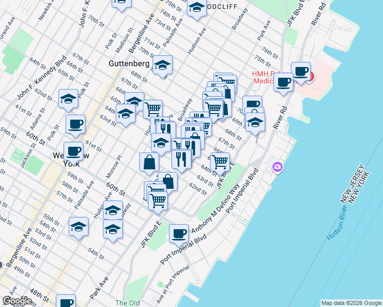 map of restaurants, bars, coffee shops, grocery stores, and more near 6409 Park Ave in West New York