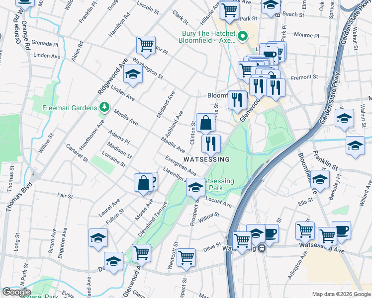 map of restaurants, bars, coffee shops, grocery stores, and more near 53 Maolis Avenue in Bloomfield
