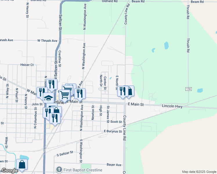 map of restaurants, bars, coffee shops, grocery stores, and more near 637 Saint James Street in Crestline