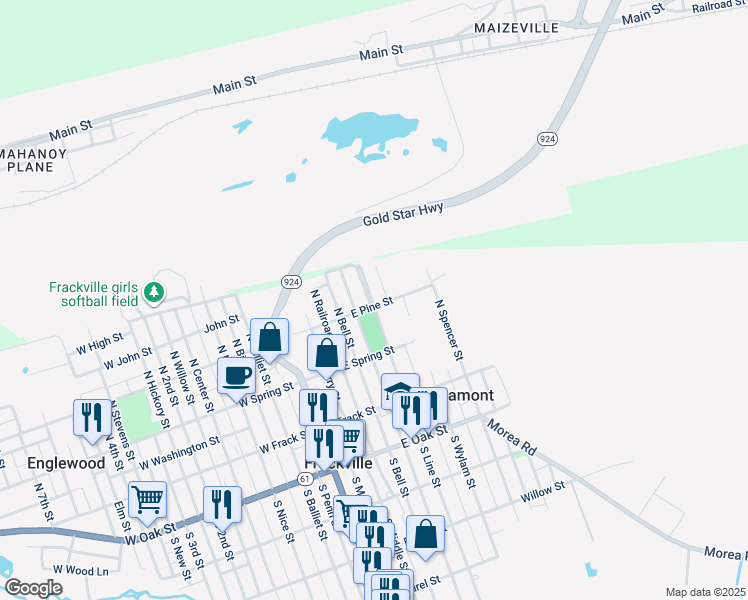 map of restaurants, bars, coffee shops, grocery stores, and more near 213 North Line Street in Frackville