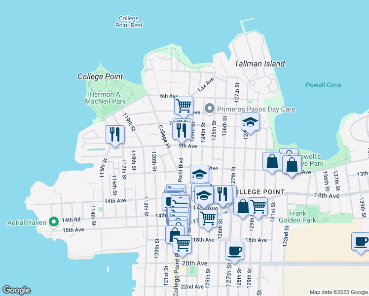 map of restaurants, bars, coffee shops, grocery stores, and more near 12215 9th Avenue in Queens
