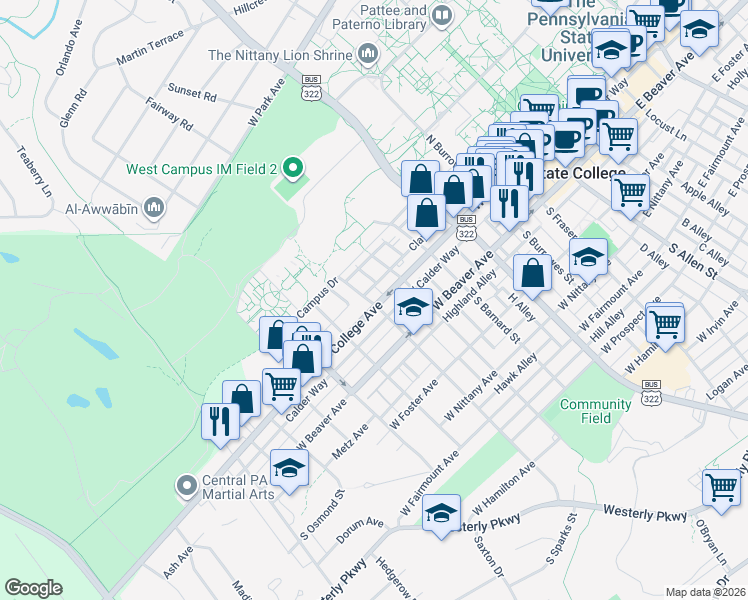 map of restaurants, bars, coffee shops, grocery stores, and more near 639 West College Avenue in State College