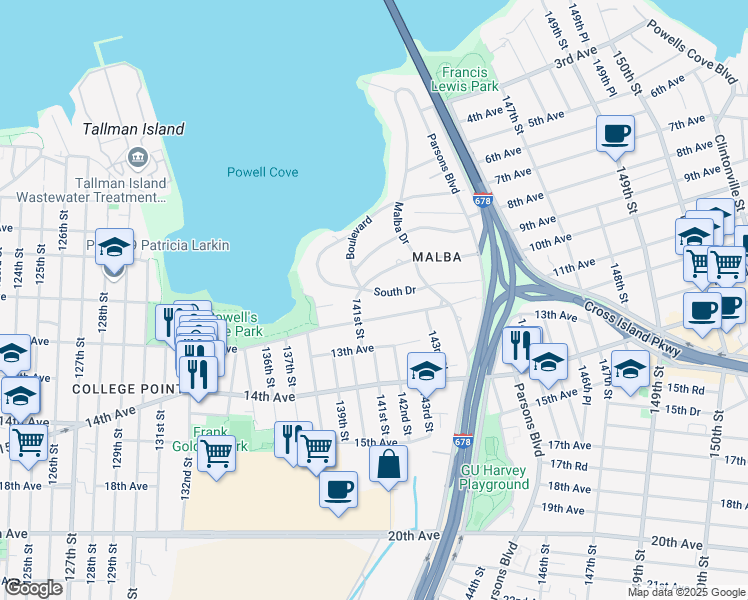 map of restaurants, bars, coffee shops, grocery stores, and more near 141-14 South Drive in Queens