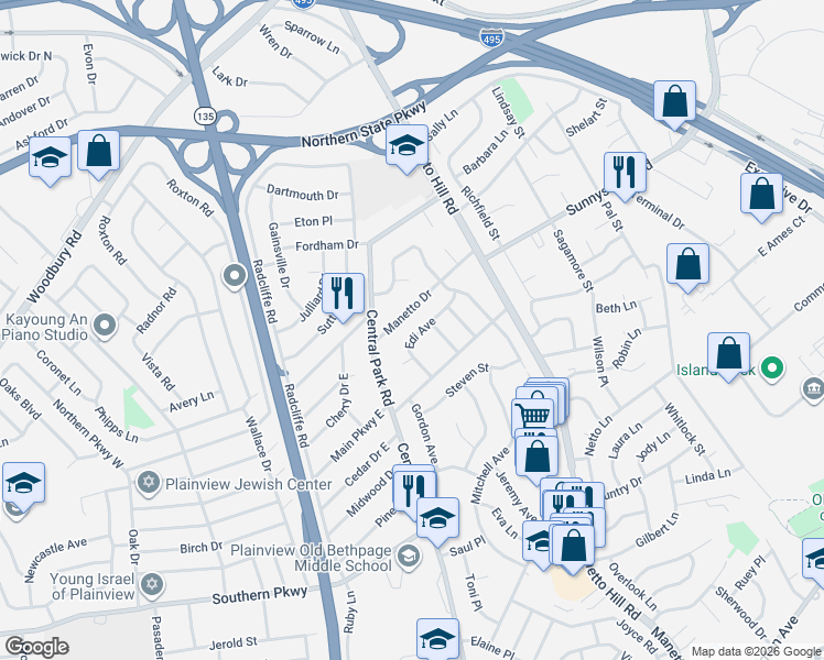 map of restaurants, bars, coffee shops, grocery stores, and more near 14 Edi Avenue in Plainview