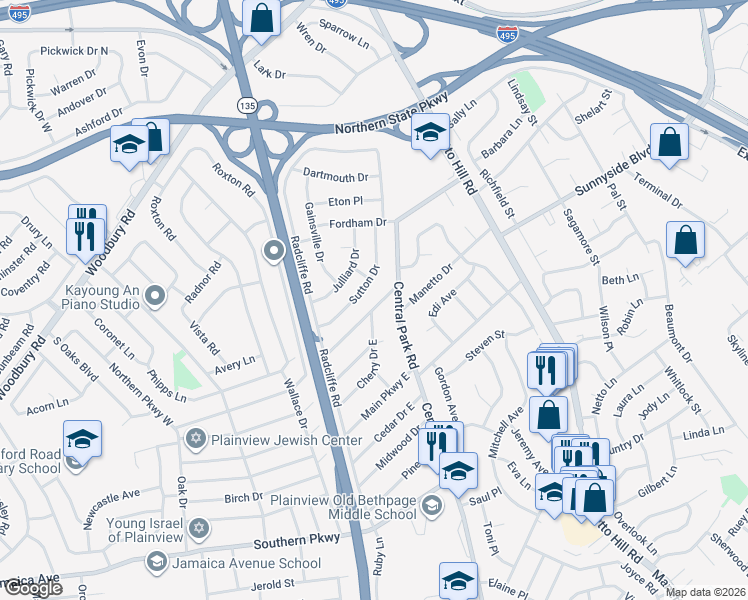 map of restaurants, bars, coffee shops, grocery stores, and more near 8 Northern Parkway East in Plainview