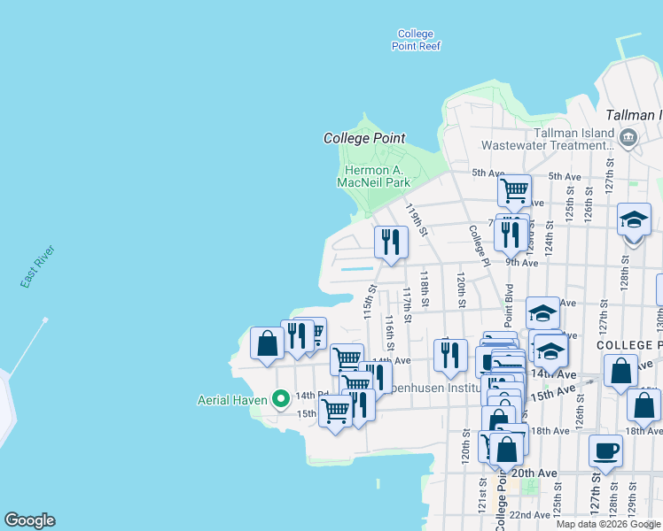 map of restaurants, bars, coffee shops, grocery stores, and more near 114-20 Dalian Court in Queens