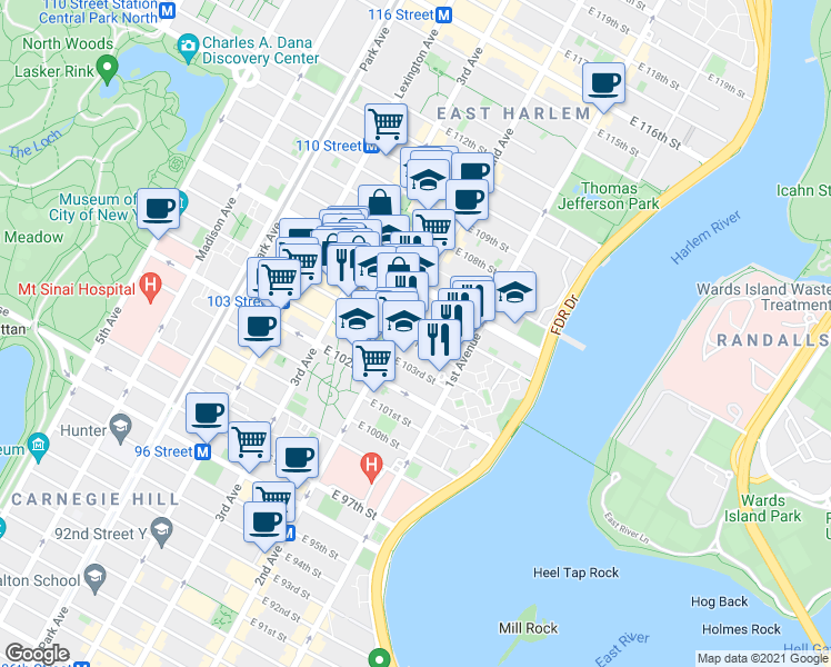 map of restaurants, bars, coffee shops, grocery stores, and more near 306 East 105th Street in New York
