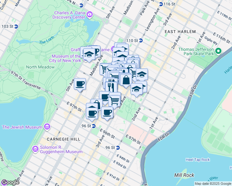 map of restaurants, bars, coffee shops, grocery stores, and more near in New York