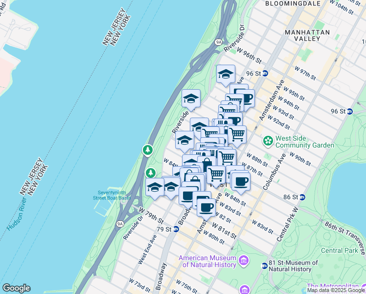 map of restaurants, bars, coffee shops, grocery stores, and more near 340 West 86th Street in New York