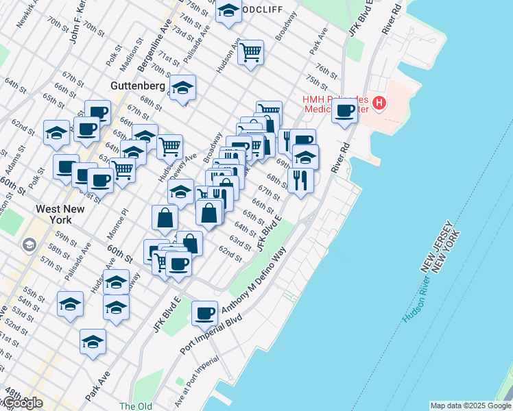 map of restaurants, bars, coffee shops, grocery stores, and more near 6612B Lincoln Place in West New York