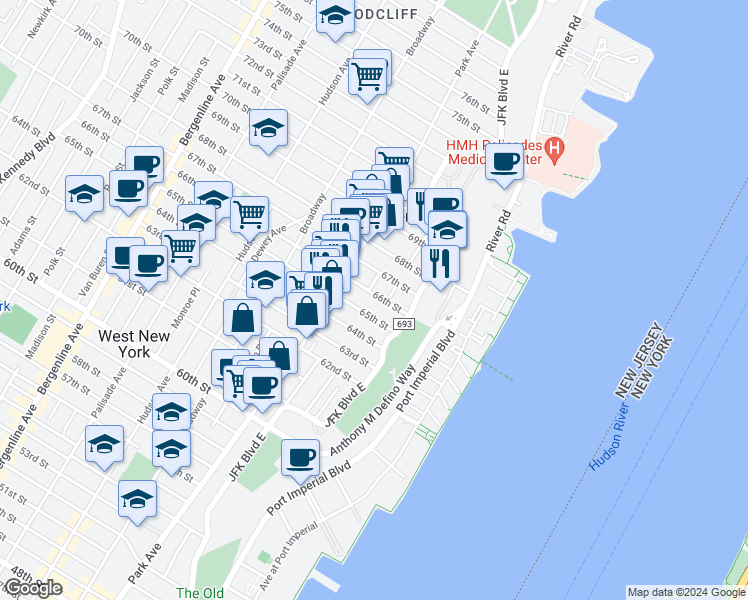 map of restaurants, bars, coffee shops, grocery stores, and more near 6612B Lincoln Place in West New York