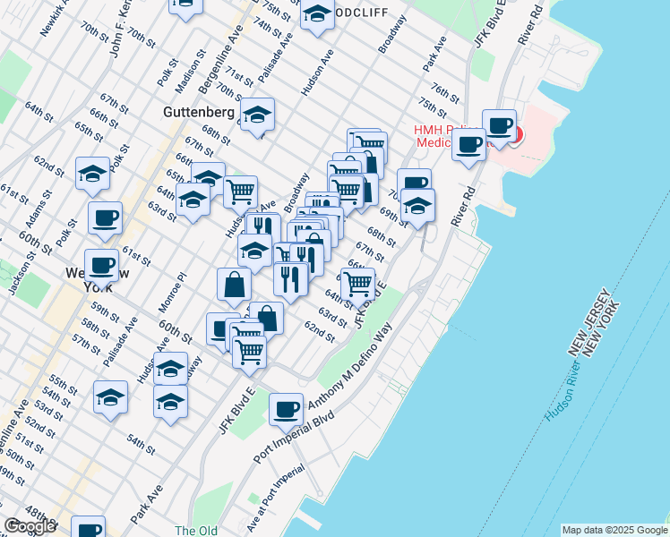 map of restaurants, bars, coffee shops, grocery stores, and more near 6509 Park Avenue in West New York