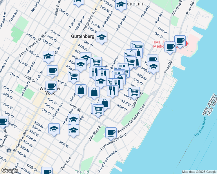 map of restaurants, bars, coffee shops, grocery stores, and more near 122 64th Street in West New York